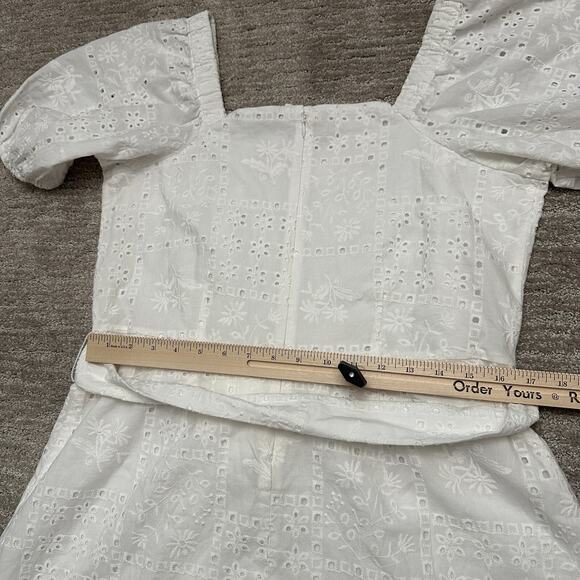 Ann Taylor Loft Dress Women 12 White Eyelet Lace Belted Puff Sleeve Resort Beach - Picture 13 of 15